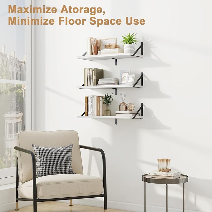 Fun Memories Floating Bookshelves, Set of 3 Wall-Mounted Wood Shelves 24" W x 8" D, Decorative Wall Shelf for Living Room, Bedroom, Bathroom, and Laundry Room (White)