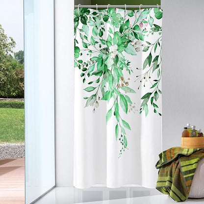 Gibelle Small Stall Shower Curtain 36 x 72, Narrow Emerald Green Floral Shower Curtain for Bathroom, Watercolor Plant Eucalyptus Leaves Fabric Shower Curtain Set