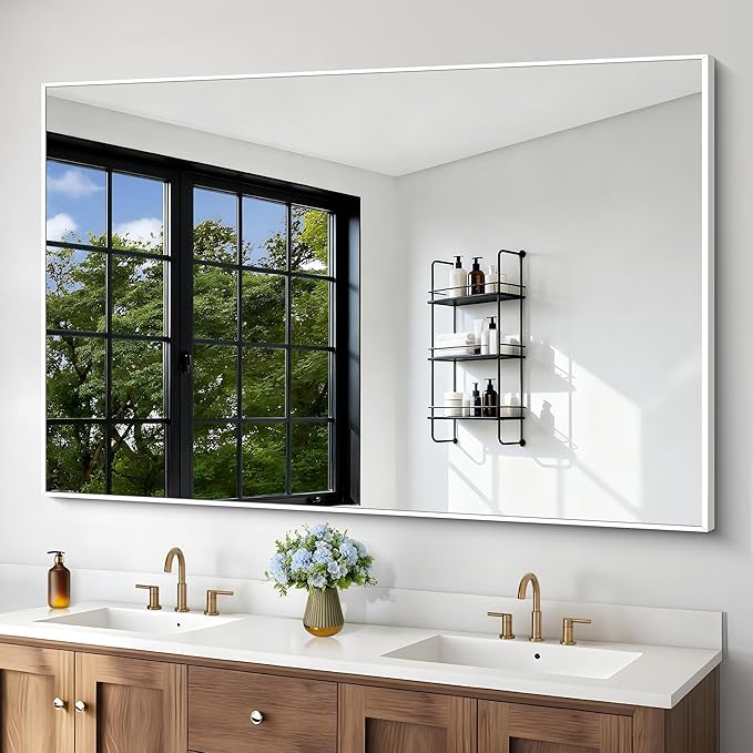 BONEWEI White Bathroom Mirror,60x40 inch Wall Mirror for Bathroom Wall Mounted,Large Rectangle Mirror for Bathroom Over Sink,Modern Metal Frame for Living Room,Bedroom Entryway,Horizontal/Vertical