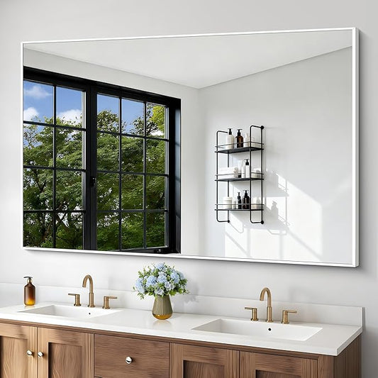 BONEWEI White Bathroom Mirror,60x40 inch Wall Mirror for Bathroom Wall Mounted,Large Rectangle Mirror for Bathroom Over Sink,Modern Metal Frame for Living Room,Bedroom Entryway,Horizontal/Vertical