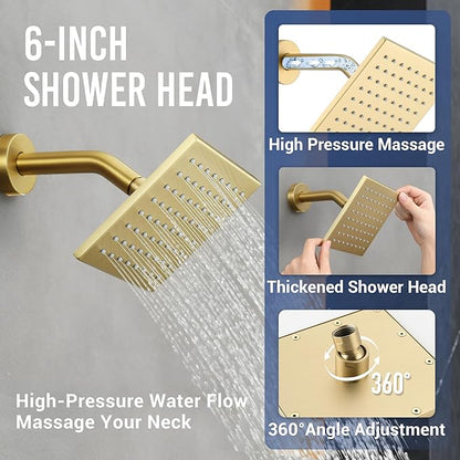 Thermostatic Dual Shower System with 4-Inch Body Jets, Ceiling 16" Rainfall Shower & Wall Mount 6-Inch Shower Head, Brushed Gold Luxury Shower Faucet Set with Handheld Sprayer