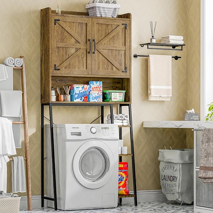 Vabches Over The Toilet Storage Cabinet, Farmhouse Storage Cabinet Over Toilet with Barn Doors & Toilet Paper Holder Stand，Home Space-Saving Toilet Rack, for Restroom, Laundry and Bathroom