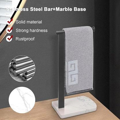 NearMoon Hand Towel Holder with Balanced Marble Base, 304 Stainless Steel Stand Towel Ring L Shape Hand Towel Rack Free-Standing Towel Bar for Bathroom Kitchen Countertop (Single Rod, Matte Black)
