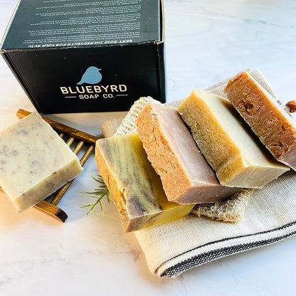 BLUEBYRD Handmade Soap Bar Gift Box - Woodsy Scent 5 Bar Variety Pack Body Soap | Shaving Soap - Homemade Soap Gift for Men & Women - Sandalwood, Patchouli, Frankincense, Orange, Cedar (Woods)