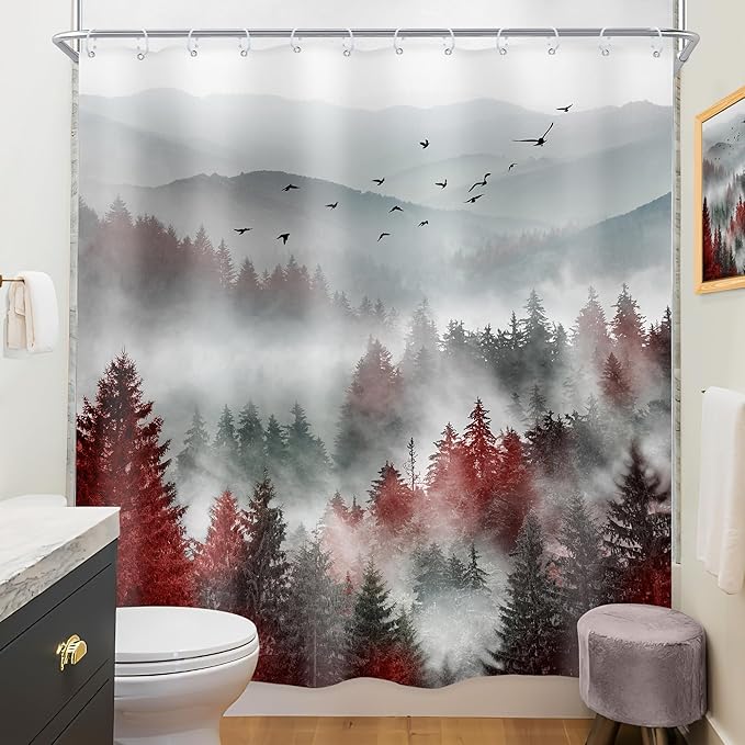 Riyidecor Red Black Mountain Shower Curtain 72Wx72H Inch Nature Scenery Foggy Pine Tree Scenic Woodland Cool Landscape Foggy Natural Mens Bathroom Decor Fabric Polyester Waterproof 12 Pack Hooks