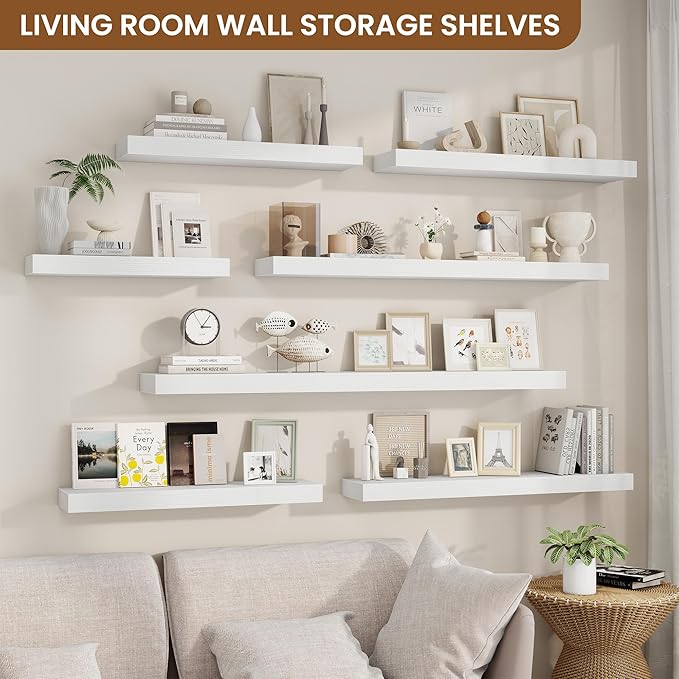 fuqing Floating Shelves for Wall, Wall Mounted Wood Floating Shelf with Invisible Brackets for Living Room, Bathroom, Bedroom, Kitchen Storage and Decor, 48 Inch Set of 2, White