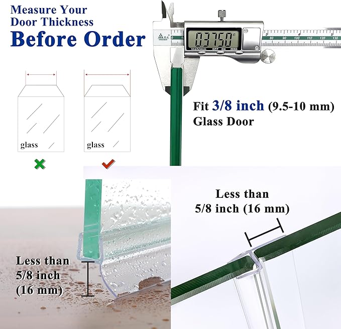 Frameless Shower Door Seal Strip 2 Pack x 39 Inch H for 3/8" Thick Glass Shower Door Side Seal Strip Bottom Seal Door Sweep, Ultra Clear Polycarbonate Stop Showers Leaks Create A Water Barrier