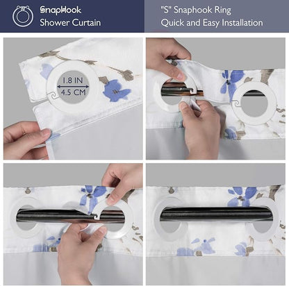 Lagute SnapHook Hook Free Shower Curtain with Snap-in Liner & See Through Top Window | Hotel Grade, Machine Washable | 71Wx74L, Blue Blossom