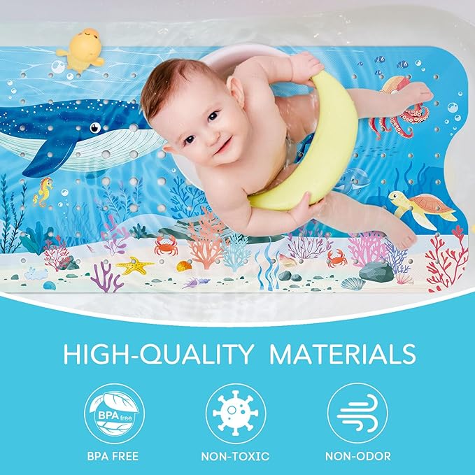 SHUCHING Baby Bath Mat for Tub Non Slip-40 X 16 Inch, Extra Long Kids Bathtub Mat Non Slip, Toddler Shower Mat for Bathroom, Whale