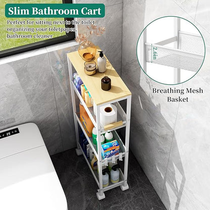 TIPGO Utility Slim Storage Cart, 4 Tier Rolling Cart with Wheels, Narrow Storage Cabinet for Bathroom, Laundry Shelves for Room Organization, Small Organizer for Kitchen, Office and Dorm (White)