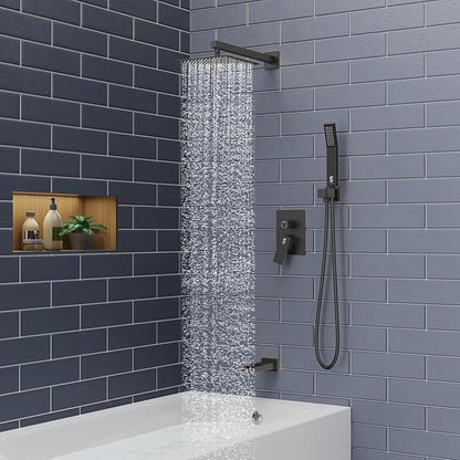 SR SUN RISE 8 Inches All Metal Bathtub and Shower Faucet Combo Shower System with Tub Spout, Shower Tub Faucets Sets Complete Shower Head with Handheld Shower Fixtures, Valve Included, Matte Black