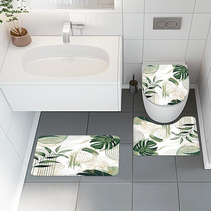 4 PCS Sage Green Boho Shower Curtain Set 72Wx72H, Non-Slip Bath Rug Toilet Lid Cover and U Shape Mat Modern Tropical Palm Leaves Complete Bathroom Set Accessories with 12 Hooks Bathroom Decor