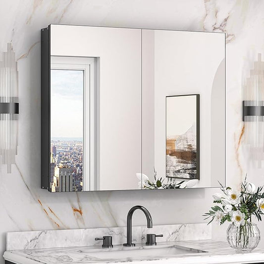 Keonjinn 30 x 26 Inch Black Medicine Cabinet, Bathroom Medicine Cabinet with Mirror, Lightweight Aluminum Structure, Assembly Required, in Wall or Wall Mount, Free Adjustable Shelves, Tempered Glass