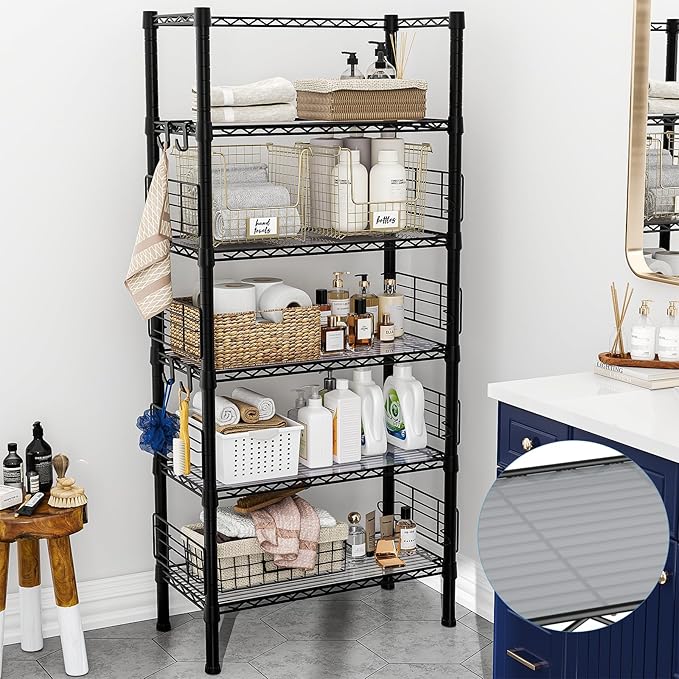 FUTASSI Metal Storage Rack, Storage Organizer Shelves for Kitchen, Bathroom, Living Room, Balcony and Garage, 5 Tiers Narrow Bookshelf, 21.2" W x 9.4" D x 59.2" H, Load 400lbs, Black