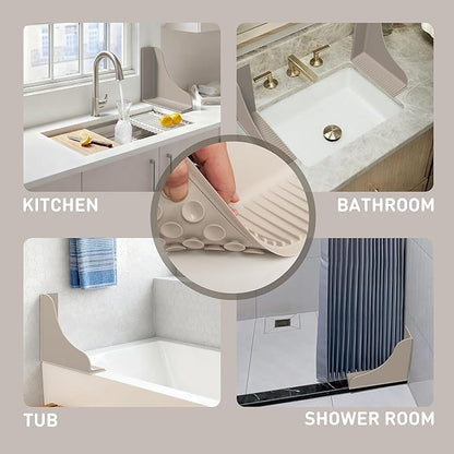 Roslim No-Adhesive 2-Pack All-Silicone Shower Splash Guard with Strong Suction Cups, Reusable Bath Tub Corner Water Blocker for Secure Seal，Keep Water in Shower or Bath, One-Piece Design, Taupe