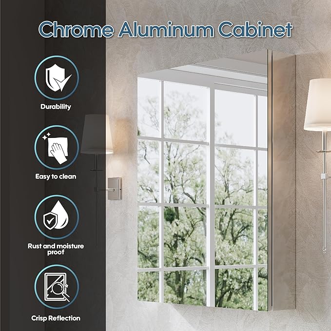 WELLFOR 24" x 30" Bathroom Medicine Cabinet, Anodized Chrome Aluminum Frame, Medicine Cabinet with Adjustable Glass Shelves, Bathroom Cabinet with Reverse Door Installation, Surface or Recessed Mount