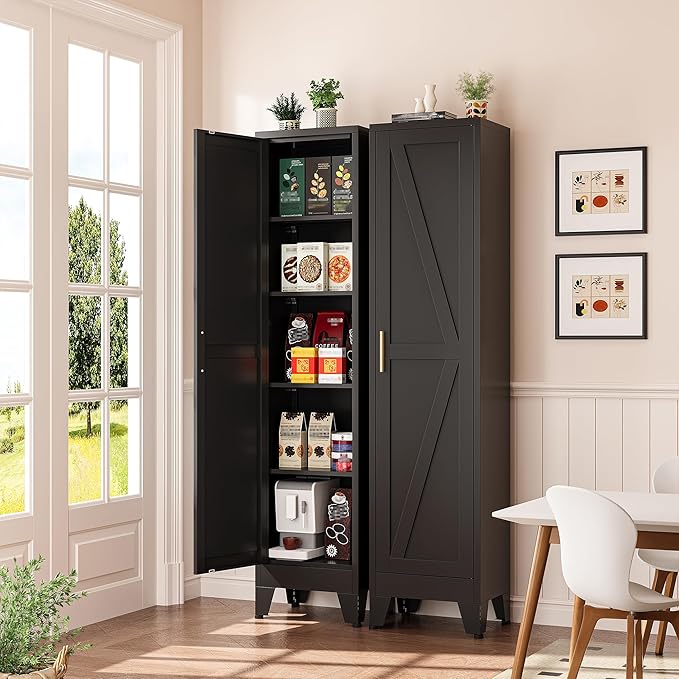 Narrow Bthroom Storage Cabinet Tall Metal Storage Cbinets with 4 Adjustable Shelves Freestanding 5 Tier Slim Pantry Cabinet for Kitchen Office Small Space