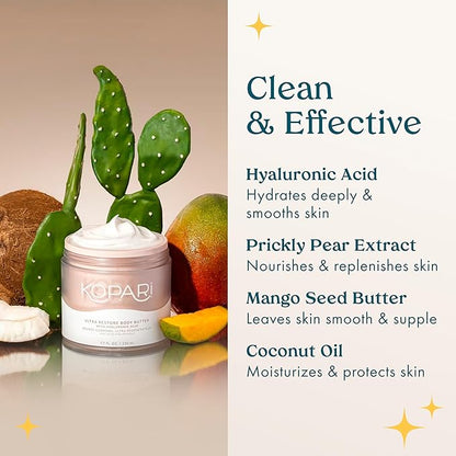 Kopari Ultra Restore Body Butter, Whipped Lightweight Formula, Hyaluronic Acid & Mango Seed Butter, Deep & Long-Lasting Moisture, Coconut 7.7 oz
