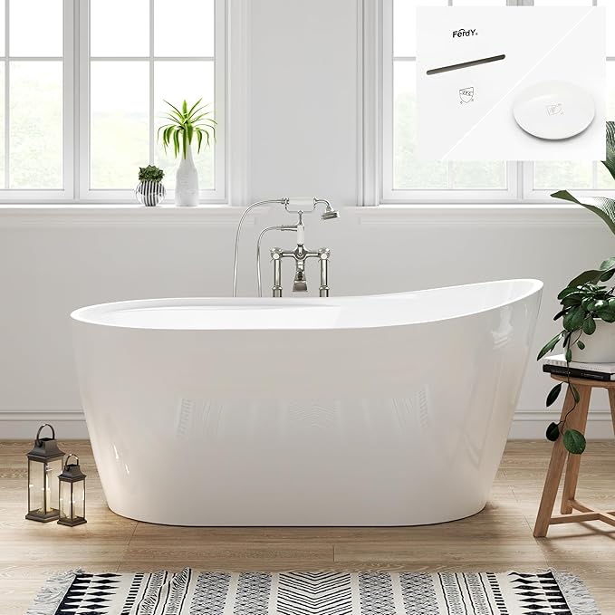 FerdY Lana'i 60" Freestanding Bathtub, Gracefully Shaped Freestanding Soaking tub, Glossy White, cUPC Certified, Polised White Drain Assembly Included