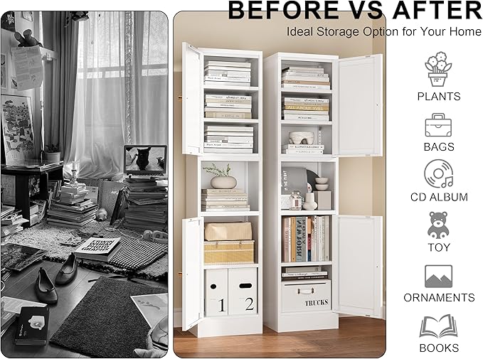 Tall Narrow Storage Cabinet,Metal Pantry Cabinet with Ajustable Shelves Open Countertop, Slim Sideboard for Small Spaces, Living Room, Kicthen, Dining Room, White