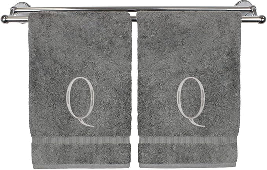 Monogrammed Hand Towel, Personalized Initial Gift, Extra Absorbent 100% Turkish Cotton - Soft Terry Finish - Set of 2 - Silver Block Initial Q - Embroidered on Grey Towels