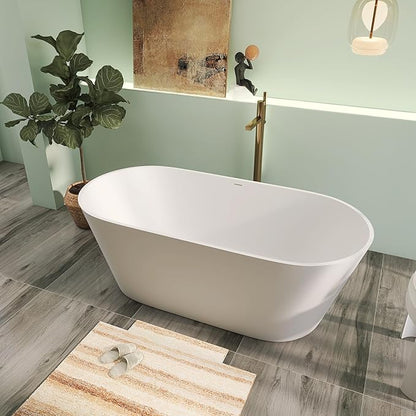 63" Premium Solid Surface Freestanding Bathtubs, Upgraded Oval Stone Resin Soaking Tub with Overflow and Pop-up Drain, Matte White