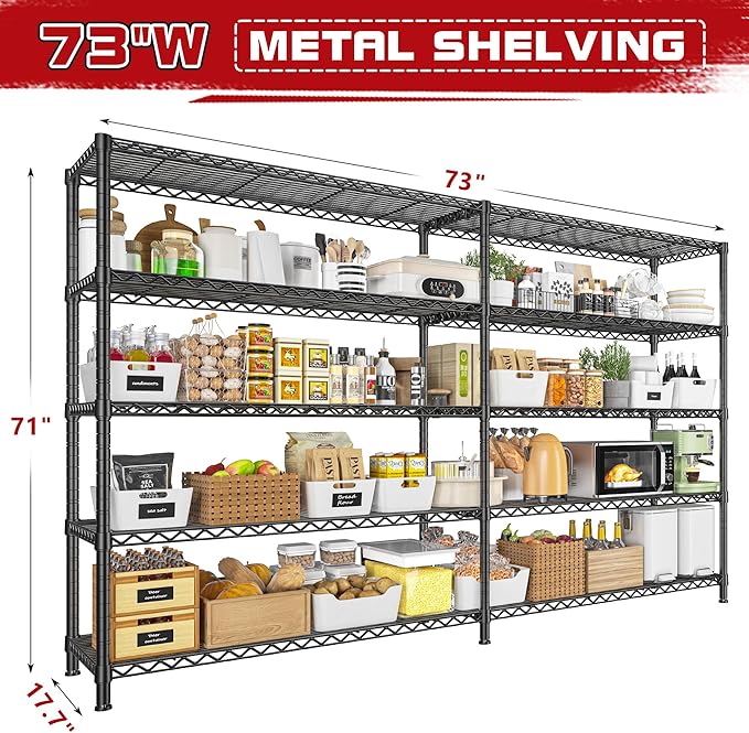 REIBII 73''W Storage Shelves Load 1650 LBS Metal Shelving 5-Tier Adjustable Heavy Duty Metal Shelves Wire Shelving Unit for Wire Shelf for Industrial Garage Pantry Kitchen,17.7"D x 73"W x 71"H, 2PCS