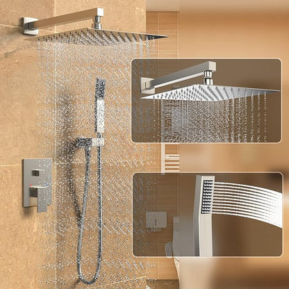 Shower System Wall Mounted 10 inch Shower Overhead for Bathroom,Rain Shower Combo Set with Handheld Spray,Luxury Rainfall Shower Head Rough-in Valve and Trim Included(Brushed Nickel)