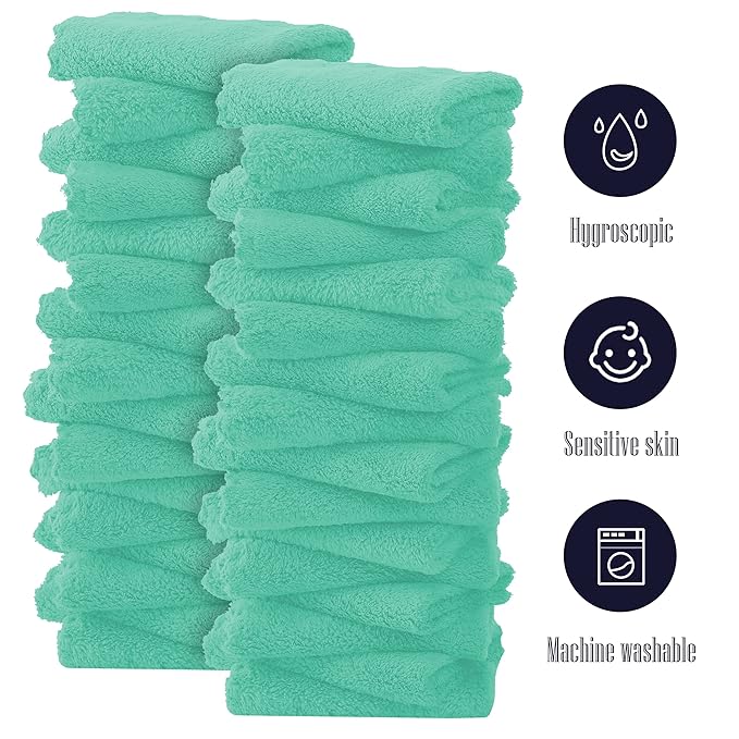 32 Pack Baby Washcloths - 10x10 Inch, Coral Fleece - Extra Absorbent and Soft Wash Clothes for Newborns, Infants and Toddlers - Suitable for Sensitive Skin and New Born - Baby Shower - Aqua Green