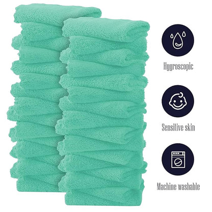 32 Pack Baby Washcloths - 10x10 Inch, Coral Fleece - Extra Absorbent and Soft Wash Clothes for Newborns, Infants and Toddlers - Suitable for Sensitive Skin and New Born - Baby Shower - Aqua Green