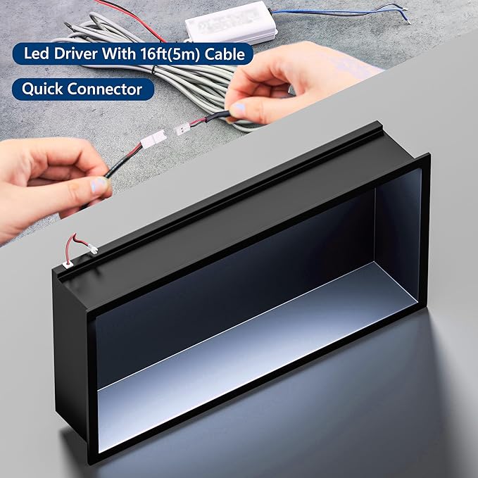 RGB LED Light Shower Niche, Matte Black 18X12 in Stainless Steel Recessed Storage with Remote Control, Waterproof No Tile Needed Wall Niche for Bathroom Storage Built-in Installation