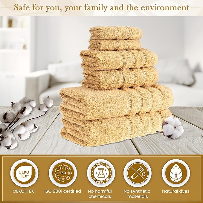 HALLEY Turkish Towels Set (6 Pieces) 650 GSM Highly Absorbent Super Soft 100% Cotton - 2 Bath Towels, 2 Hand Towels 2 Washcloths (Yellow)