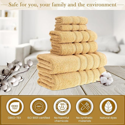 HALLEY Turkish Towels Set (6 Pieces) 650 GSM Highly Absorbent Super Soft 100% Cotton - 2 Bath Towels, 2 Hand Towels 2 Washcloths (Yellow)