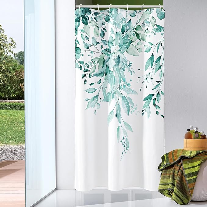 Gibelle Small Stall Shower Curtain 36 x 72, Narrow Teal Floral Shower Curtain for Bathroom, Watercolor Plant Eucalyptus Leaves Fabric Shower Curtain Set