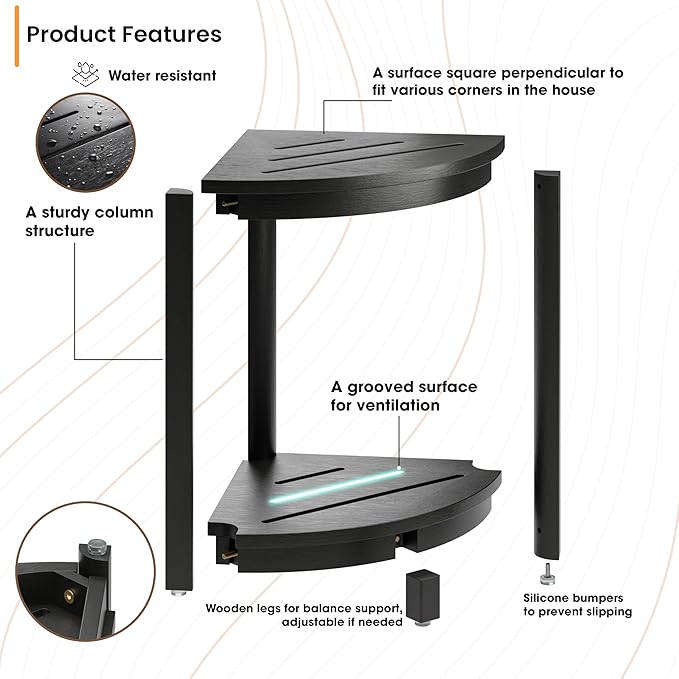 HOLANA 18" Wood Corner Shower Bench & Corner Shower Stool with Storage Shelf - Footrest for Shaving Legs - Bath Step for Small Spaces - Perfect for Indoor or Outdoor (Black)