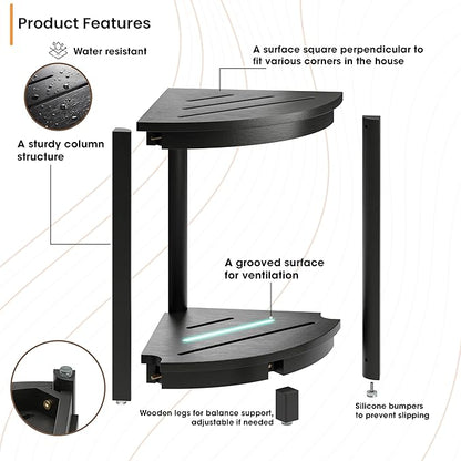 HOLANA 18" Wood Corner Shower Bench & Corner Shower Stool with Storage Shelf - Footrest for Shaving Legs - Bath Step for Small Spaces - Perfect for Indoor or Outdoor (Black)