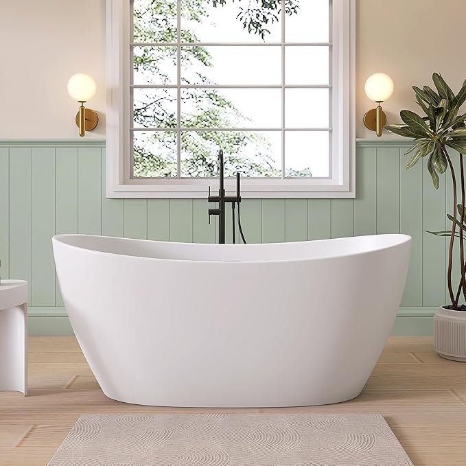 SJ STAR&JANE 55" Solid Surface Freestanding Bathtub Stone Resin Tub Oval Double Slippers Stand Alone Soaking Tub with Pop-up Drain and Overflow, Matte White