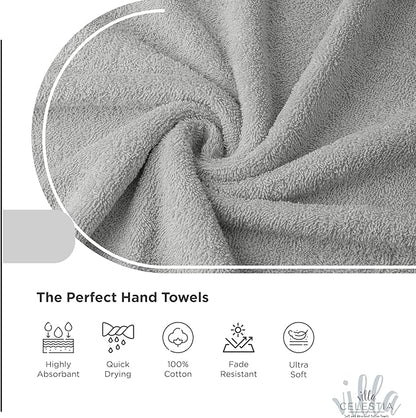 Premium Silver Hand Towels-100% Cotton, Soft & Absorbent, Fast Drying, Elegant Salon Spa Hotel Set of 4 (16''x 28'')