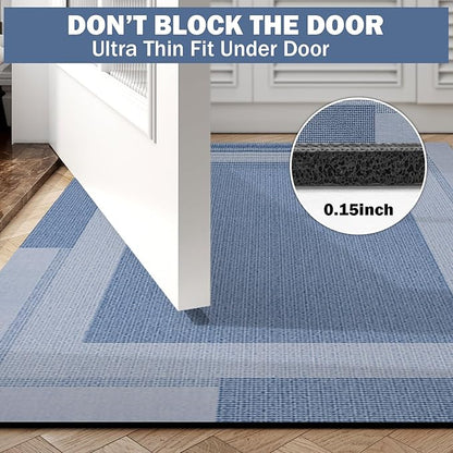 Extra Long Non Slip Bathroom Runner Bath Mat, Rubber Backing Ultra Thin Bath Rug Fit Under Door Quick Dry Super Absorbent Washable Shower Mat for Bathroom Floor Bathtub Sink, Blue 24"x70"