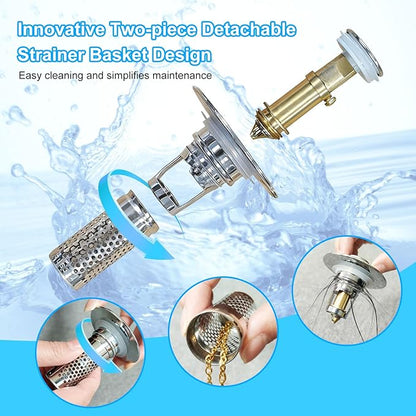 2PCS Bathroom Sink Stopper Hair Catcher Strainer, Pop Up Sink Drain Filter with Removable Stainless Steel Filter Basket Hair Catcher, for US Bathroom Sinks, Bathtubs, Showers, Floor Stopper