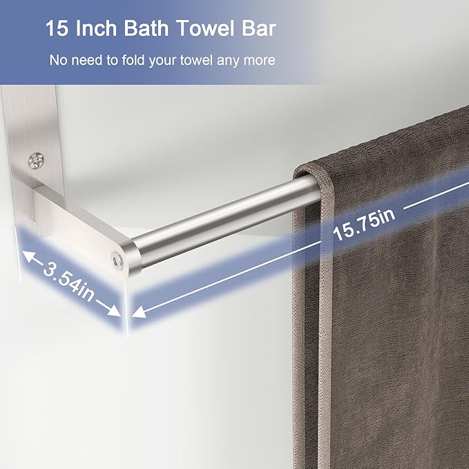Towel Rack with Shelf 16", Metal Towel Racks for Bathroom Wall Mounted, Bathroom Shelf with Towel Bar Rustproof Bath Towel Holder Towel Rod Lavatory Bath Accessories - Brushed Nickel