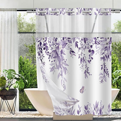 No Hook Shower Curtain and Liner Set, Light Purple Eucalyptus Floral Shower Curtains for Bathroom, Bath Curtain Sets with Snap in Liner, Waterproof with See Through Top Window, 71x77 Inches
