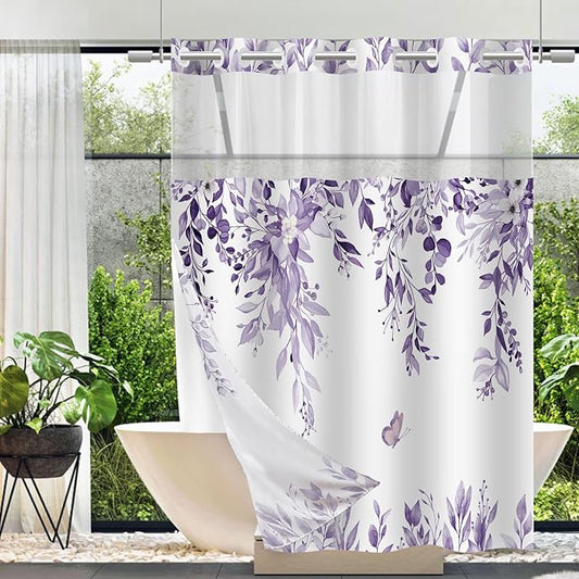 No Hook Shower Curtain and Liner Set, Light Purple Eucalyptus Floral Shower Curtains for Bathroom, Bath Curtain Sets with Snap in Liner, Waterproof with See Through Top Window, 71x77 Inches