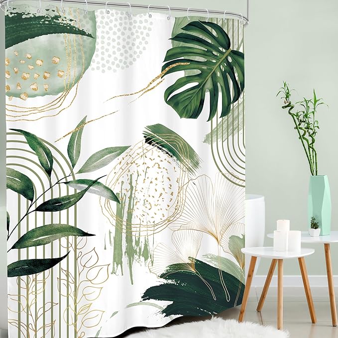 Green Boho Shower Curtain 72Wx96H Extra Long Sage Green Modern Mid Century Abstract Tropical Palm Leaves Bohemian Plant Bathroom Decor Minimalist Bath Curtain Fabric Polyester 12 Pack Hooks