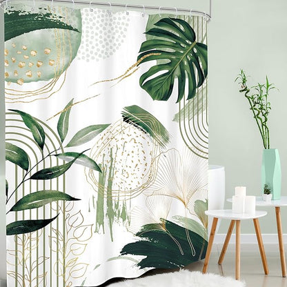 Green Boho Shower Curtain 72Wx96H Extra Long Sage Green Modern Mid Century Abstract Tropical Palm Leaves Bohemian Plant Bathroom Decor Minimalist Bath Curtain Fabric Polyester 12 Pack Hooks