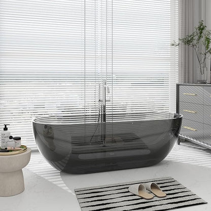 SJ STAR&JANE 69" Solid Surface Freestanding Bathtub Stone Resin Oval Soaking Tub Stand Alone Tub with Pop-up Drain Transparent Gray