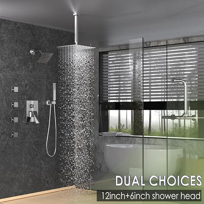 Enga Dual Shower Head Shower System with Body Jets, 12" Ceiling Mounted Rain Shower Head & 6" Wall Mounted Head Full Body Rainfall Shower Faucet with Valve Kit, Chrome
