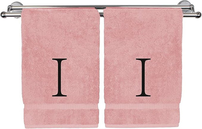 Monogrammed Hand Towel, Personalized Initial Gift, Extra Absorbent 100% Turkish Cotton - Soft Terry Finish - Set of 2 - Black Block Initial I - Embroidered on Pink Towels