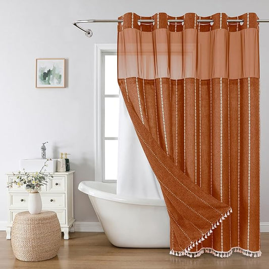 Boho Farmhouse No Hook Shower Curtain Set with Snap-in Fabric Liner,Heavy-Duty Linen Textured Rustic Striped Design,Water-Repellent with Tassels and Sheer Window,Orange,71x74