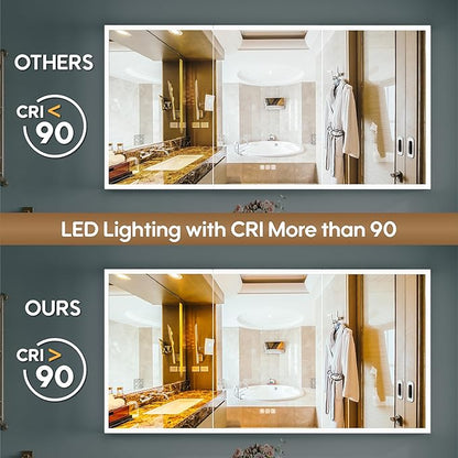 WELLFOR 60" X 30" LED Mirrored Bathroom Cabinet with 3X Magnification Makeup Mirror, Medicine Cabinet with Defog Mirror, Dimmer, Outlets & USB Ports, Bathroom Mirrored Cabinet with Three Opening Doors